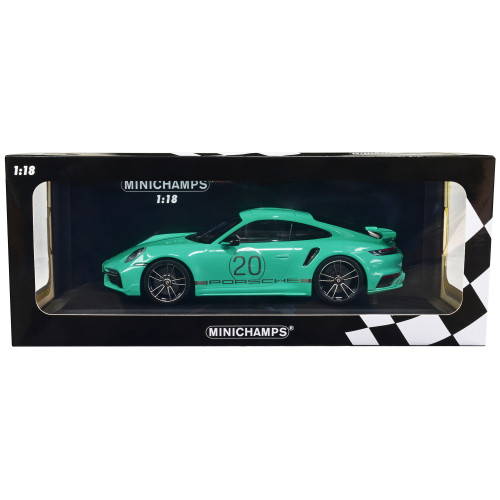 2021 Porsche 911 Turbo S with SportDesign Package #20 Green with Silver Stripes Limited Edition to 504 pieces Worldwide 1/18 Diecast Model Car by Minichamps