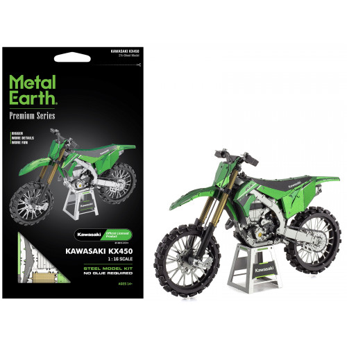 Model Kit Kawasaki KX450 Off-Road Motorcycle Green (Challenging Difficulty) Steel Model by Metal Earth