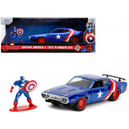 1972 Plymouth GTX Candy Blue with Red and White Stripes and Captain America Diecast Figure 