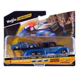 Missile Tow Flatbed Truck Blue Metallic and Black with Graphics and 1987 Chevrolet Caprice Lowrider Blue Metallic with Graphics 