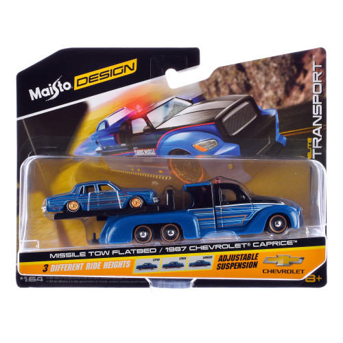Missile Tow Flatbed Truck Blue Metallic and Black with Graphics and 1987 Chevrolet Caprice Lowrider Blue Metallic with Graphics 