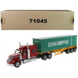 International LoneStar Sleeper Cab Red with Skeleton Trailer and 40' Dry Goods Sea Container 