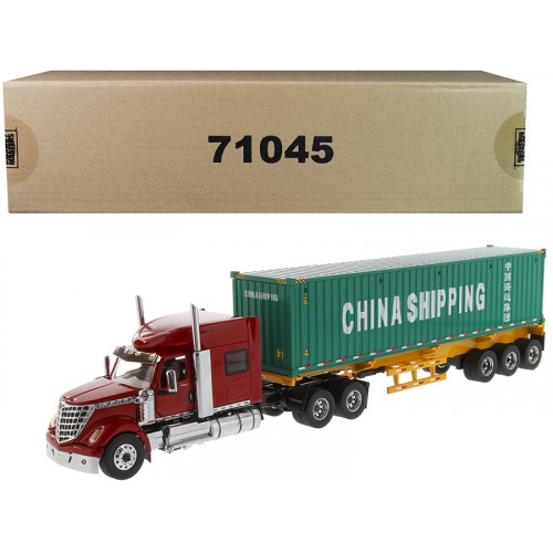 International LoneStar Sleeper Cab Red with Skeleton Trailer and 40' Dry Goods Sea Container 