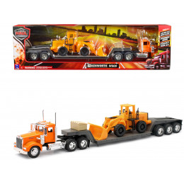 Kenworth W900 Truck with Lowboy Trailer Orange and Wheel Loader Yellow 