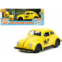 1959 Volkswagen Beetle Yellow with Black Graphics and Boxing Gloves Accessory 