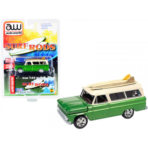 1965 Chevrolet Suburban Green Metallic and Cream with Two Surfboards 