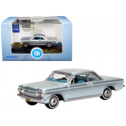 1963 Chevrolet Corvair Coupe Satin Silver Blue Metallic with Blue Interior 1/87 (HO) Scale Diecast Model Car by Oxford Diecast