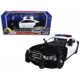 2011 Dodge Charger Pursuit Police Car Black and White with Flashing Light Bar and Front and Rear Lights and 2 Sounds 1/24 Diecast Model Car by Motormax