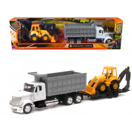International Lonestar Dump Truck White and Wheel Loader Yellow with Flatbed Trailer 
