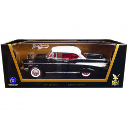 1957 Chevrolet Bel Air Hardtop Black with White Top and Red Interior 1/18 Diecast Model Car by Road Signature