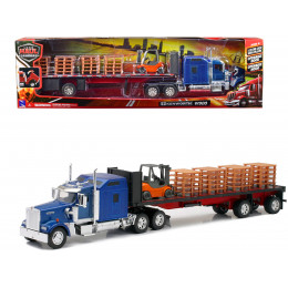 Kenworth W900 Truck with Flatbed Trailer Blue with Forklift and Pallets 
