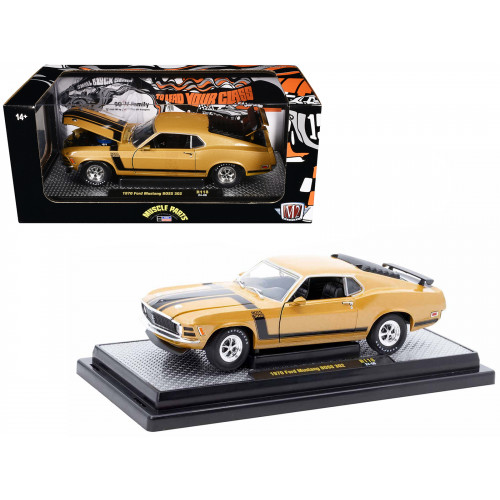 1970 Ford Mustang BOSS 302 Gold Metallic with Black Stripes Limited Edition to 6250 pieces Worldwide 1/24 Diecast Model Car by M2 Machines
