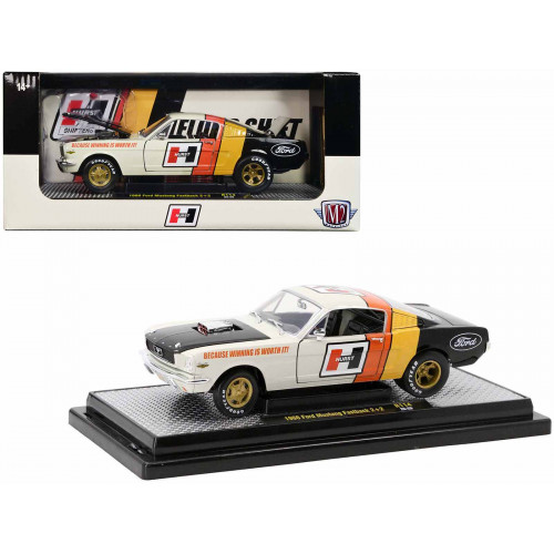 1966 Ford Mustang Fastback 2+2 Off White and Black with Red and Yellow Stripes 
