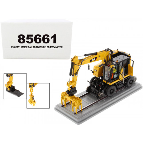 CAT Caterpillar M323F Railroad Wheeled Excavator with Operator and 3 Work Tools Safety Yellow Version 
