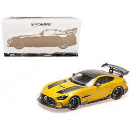 2021 Mercedes-Benz AMG GT Black Series Solarbeam Yellow Metallic with Black Top and Hood Stripes 1/18 Diecast Model Car by Minichamps
