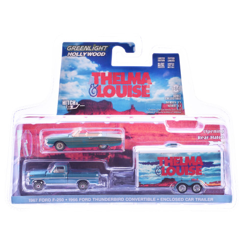 1966 Ford Thunderbird Convertible Blue (Dust Covered) and 1967 Ford F-250 Pickup Truck Blue with Enclosed Car Hauler 'Thelma & Louise' (1991) Movie 'Hollywood Hitch & Tow' Series 13 1/64 Diecast Model Cars by Greenlight