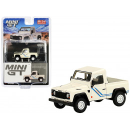 Land Rover Defender 90 Pickup Truck White with Blue Stripes Limited Edition to 3000 pieces Worldwide 1/64 Diecast Model Car by Mini GT