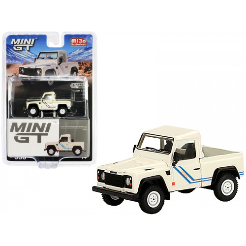 Land Rover Defender 90 Pickup Truck White with Blue Stripes Limited Edition to 3000 pieces Worldwide 1/64 Diecast Model Car by Mini GT