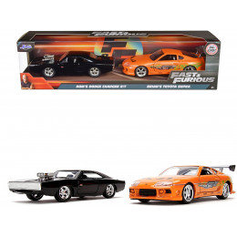 Dom's Dodge Charger R/T Black and Brian's Toyota Supra Orange Set of 2 pieces 