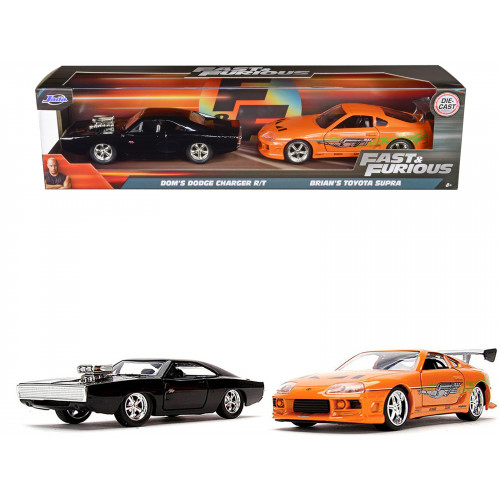 Dom's Dodge Charger R/T Black and Brian's Toyota Supra Orange Set of 2 pieces 