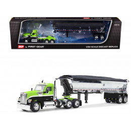 Kenworth W990 Day Cab and MAC Half-Round Tandem-Axle Dump Trailer Lime Green and Black 1/64 Diecast Model by DCP/First Gear