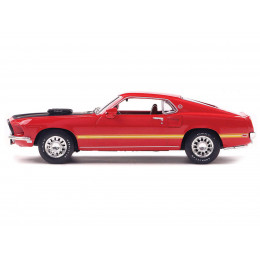 1969 Ford Mustang Mach 1 Calypso Coral Red with Black Hood and Yellow Stripes 1/43 Diecast Model Car by IXO Models