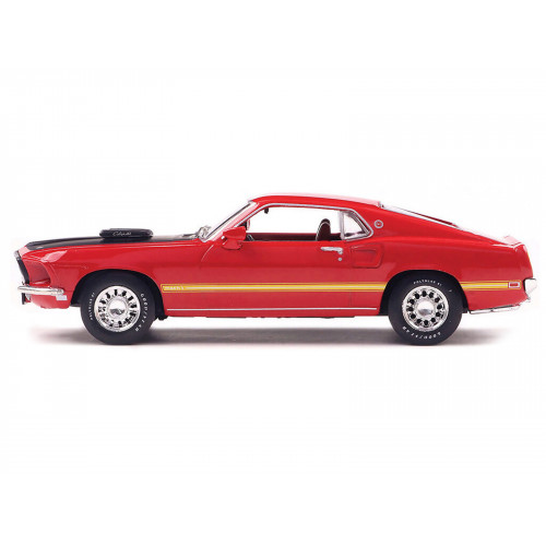 1969 Ford Mustang Mach 1 Calypso Coral Red with Black Hood and Yellow Stripes 1/43 Diecast Model Car by IXO Models