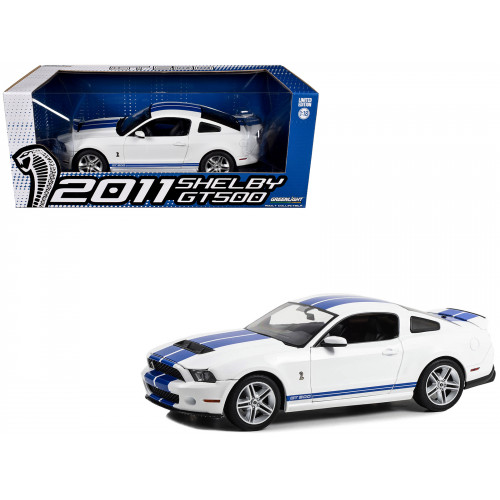 2011 Shelby GT500 Performance White with Grabber Blue Stripes 1/18 Diecast Model Car by Greenlight