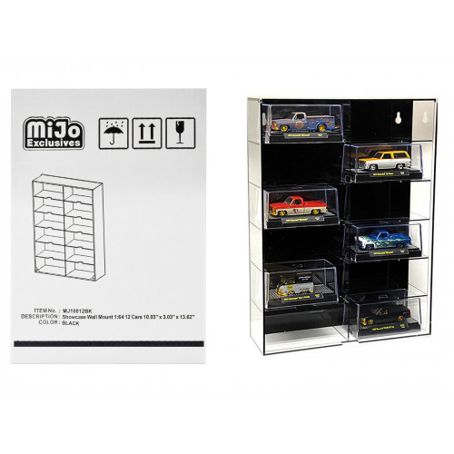Showcase 12 Car Display Case Wall Mount with Black Back Panel and Extra Space 
