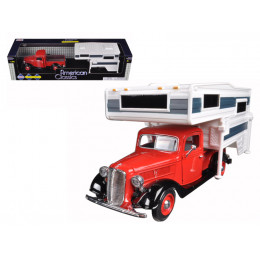 1937 Ford Pickup Truck with Camper Shell Red and White 1/24 Diecast Model Car by Motormax