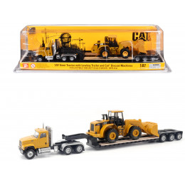 CAT Caterpillar CT681 Day Cab Tractor Yellow with Lowboy Trailer and CAT 950G Wheel Loader Yellow 1/87 (HO) Diecast Model by Diecast Masters