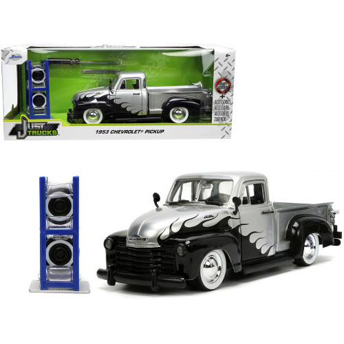 1953 Chevrolet 3100 Pickup Truck Silver Metallic with Black Flames with Extra Wheels 