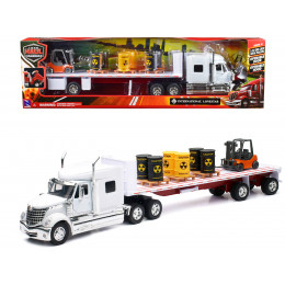 International Lonestar Flatbed Truck White with 6 Toxic Barrels 3 Pallets and Forklift 