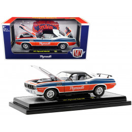 1971 Plymouth Barracuda 440 Pearl White with Blue and Red Stripes and Black Top Limited Edition to 6550 pieces Worldwide 1/24 Diecast Model Car by M2 Machines