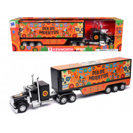 Kenworth W900 Truck Black with Graphics and Dry Van Trailer 