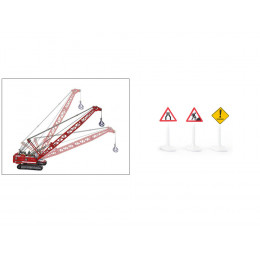Heavy Haulage Transporter Green and Liebherr Cable Excavator Red with Wrecking Ball and Signs 1/87 (HO) Diecast Models by Siku
