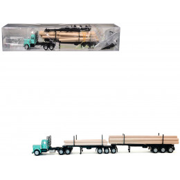 Peterbilt Super B Log Truck and Trailer Blue with Log Accessories 1/87 (HO) Plastic Model Car by Promotex