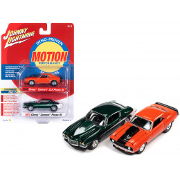 1969 Chevrolet Camaro ZLX Phase III Hugger Orange with Black Stripes and 1973 Chevrolet Camaro Phase III Dark Green Metallic and White 