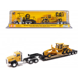 CAT Caterpillar CT660 Day Cab Tractor Yellow with Lowboy Trailer and CAT 163H Motor Grader Yellow 1/87 (HO) Diecast Model by Diecast Masters