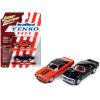 1969 Chevrolet Camaro Hugger Orange with Black Top and Stripes and 1967 Chevrolet Camaro Black with White Stripe and Red Interior