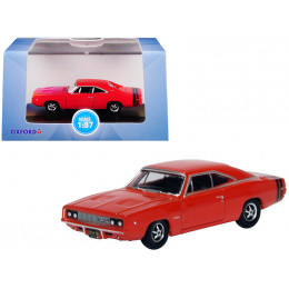 1968 Dodge Charger Bright Red with Black Stripes 1/87 (HO) Scale Diecast Model Car by Oxford Diecast