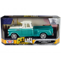 1957 Chevrolet 3100 Stepside Pickup Truck Lowrider Turquoise Metallic and White with White Interior 