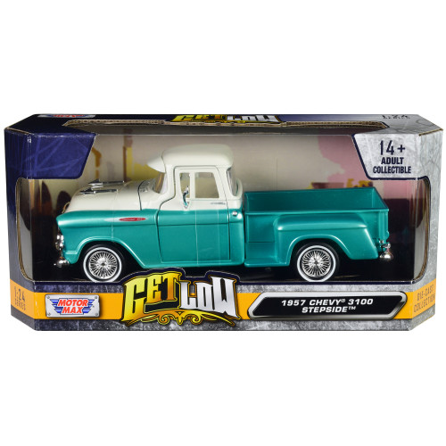 1957 Chevrolet 3100 Stepside Pickup Truck Lowrider Turquoise Metallic and White with White Interior 