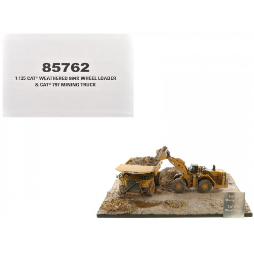 CAT Caterpillar 994K Wheel Loader and 797 Mining Truck Yellow (Weathered) Set of 2 Pieces 