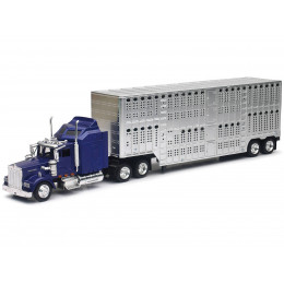 Kenworth W900 Truck Blue with Potbelly Livestock Trailer Chrome 