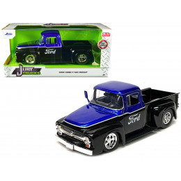 1956 Ford F-100 Pickup Truck Black and Blue Metallic with Ford Graphics 