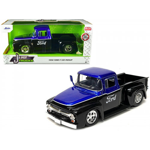 1956 Ford F-100 Pickup Truck Black and Blue Metallic with Ford Graphics 