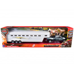 Chevrolet Silverado 2500HD Pickup Truck Gray Metallic with Horse Trailer White and Horse Figures 