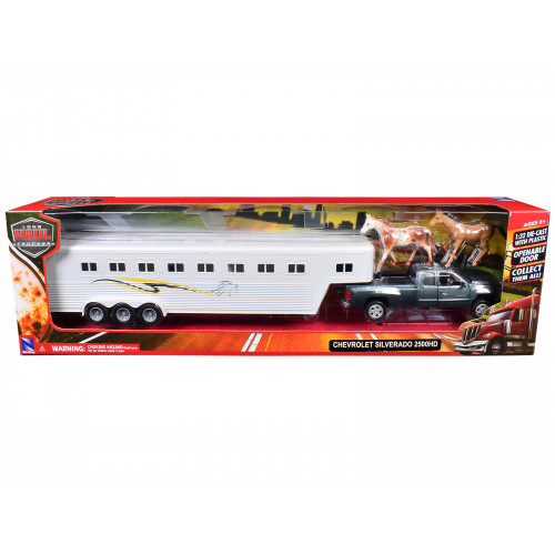 Chevrolet Silverado 2500HD Pickup Truck Gray Metallic with Horse Trailer White and Horse Figures 