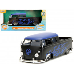 1963 Volkswagen Bus Pickup Truck Matt Black with Matt Blue Top and Flames Graphics 